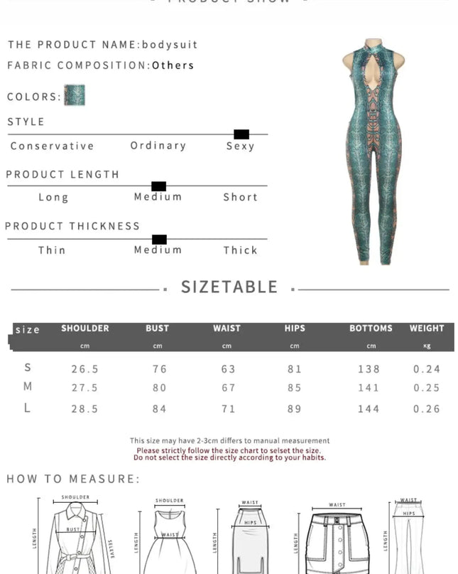 Product show with bodysuit details, fabric composition, color options, style description, product length, thickness, size chart, and measurement guide.