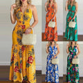 Women wearing tropical print halter backless maxi dresses in vibrant colors, showcasing a deep V neckline and chic summer style.