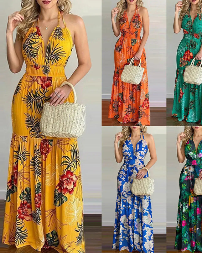 Collection of tropical print halter maxi dresses in vibrant colors featuring deep V necklines and backless designs.
