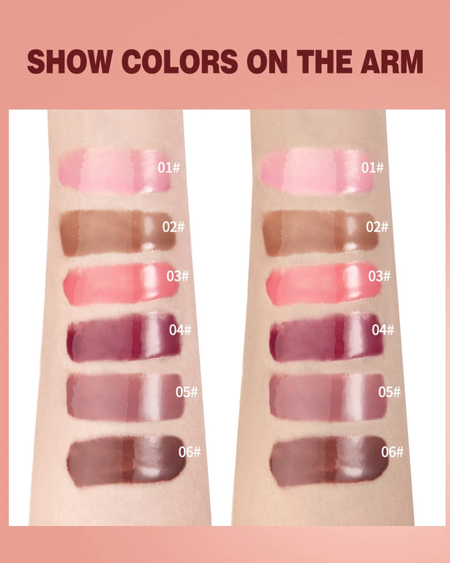 Color swatches on an arm with labeled shades against a pink background