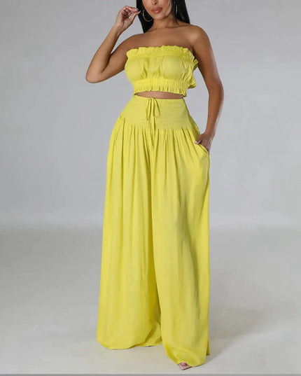 Women'S Solid 2 Piece Outfits Stylish Casual Solid Color Strapless Pantsuit Fashion.