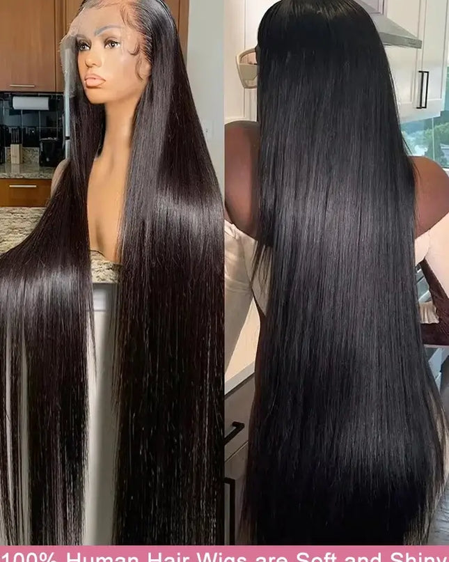 Black human hair wig displayed on a mannequin with a kitchen background.