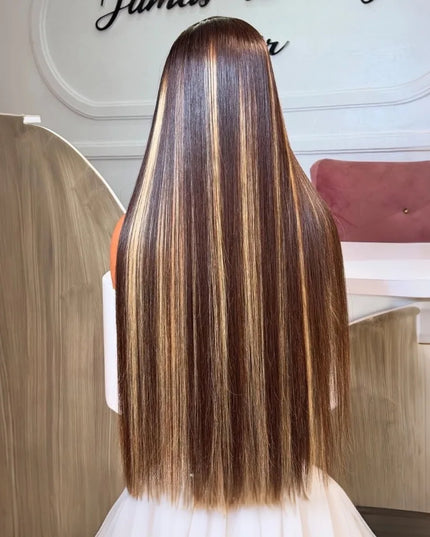 Straight honey blonde highlight ombre wig showing back view with vibrant colors and sleek finish.