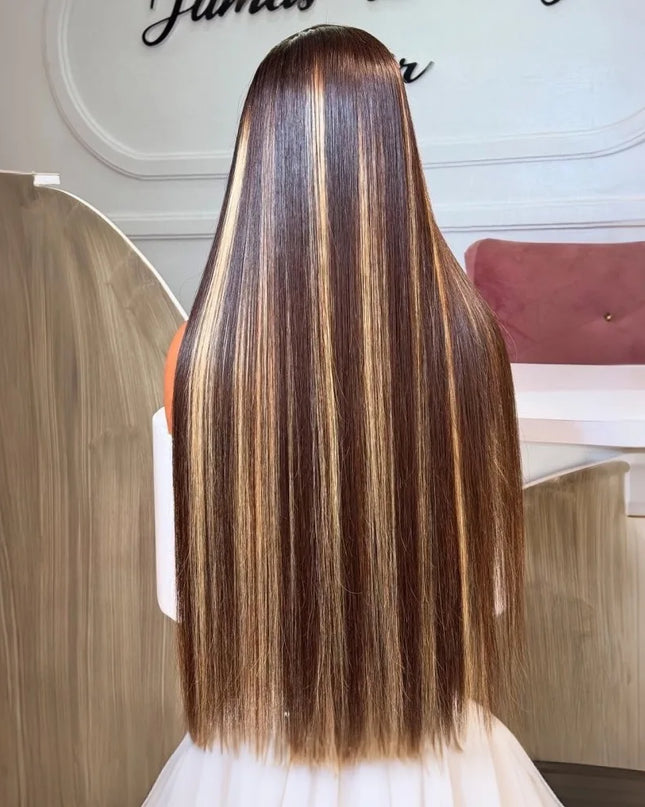 Straight honey blonde highlight ombre wig showing back view with vibrant colors and sleek finish.