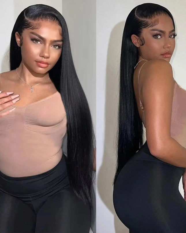 Woman posing in a beige top and black leggings against a plain background