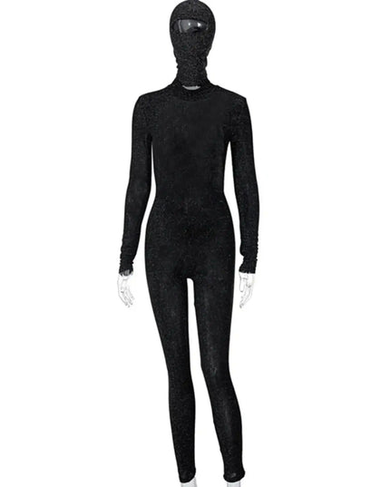 Black full-body suit with a hood on a white background