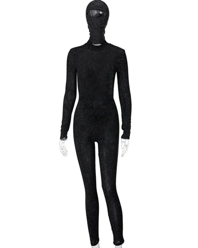 Black full-body suit with a hood on a white background