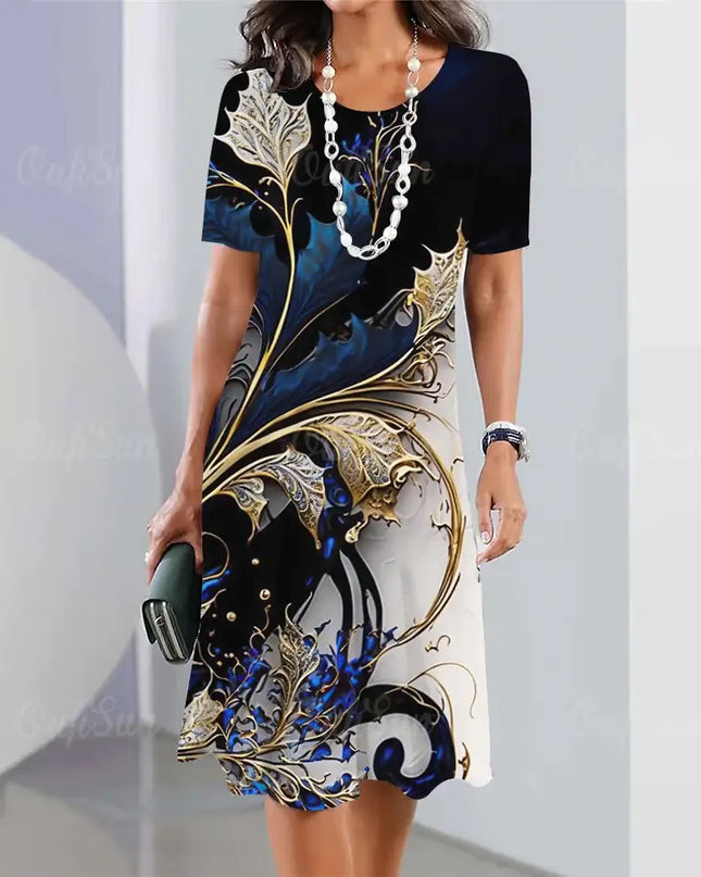 summer women's dresses 3d floral print elegant short sleeve dress with blue and gold design