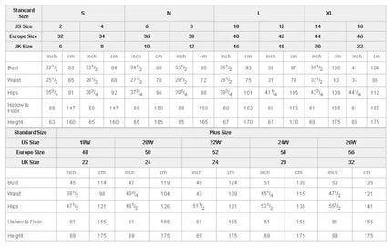 Size chart for custom made prom dresses including measurements for various sizes and fit options.