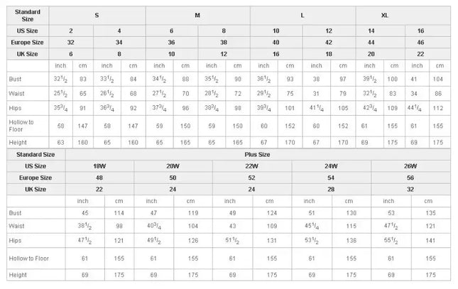 Size chart for custom made prom dresses including measurements for various sizes and fit options.