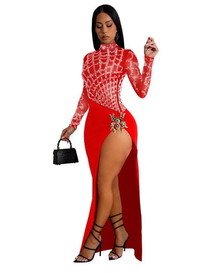 2024 Autumn Women's Hot Diamond Sexy Cutout Long-sleeved Slit Party Dress Birthday Dress for Women Sexy Dress