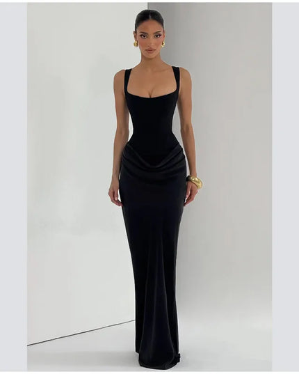 Elegant black sleeveless gown featuring a square neck and a sleek silhouette.