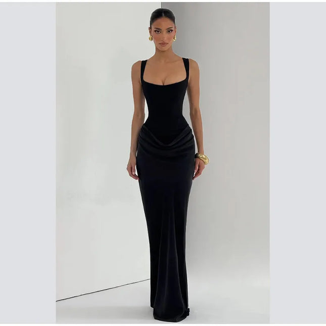 Elegant black sleeveless gown featuring a square neck and a sleek silhouette.