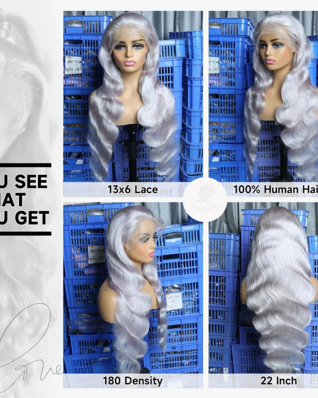 Silver wig displayed on a mannequin head with text highlighting product details.