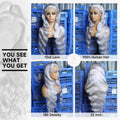 Silver wig displayed on a mannequin head with text highlighting product details.