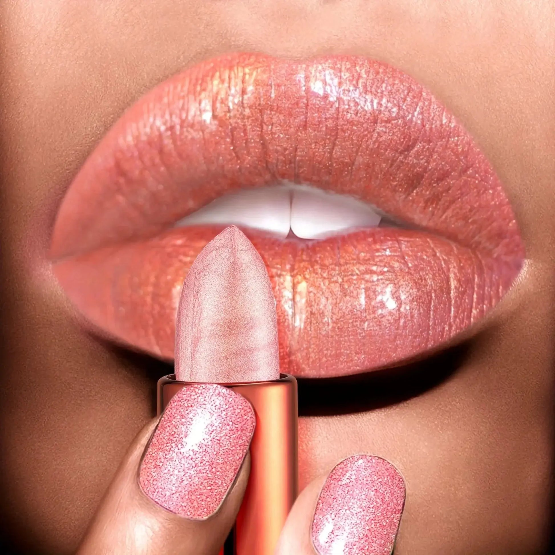 Close-up of a hand holding a pink lipstick against a blurred background