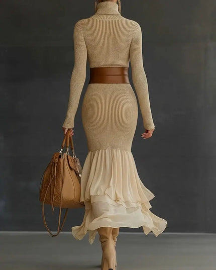 Turtleneck Bodycon Dress for Women Long Sleeve Knitted Maxi Dress Elegant Asymmetrical Ruffle Hem Evening Party Midi Dresses