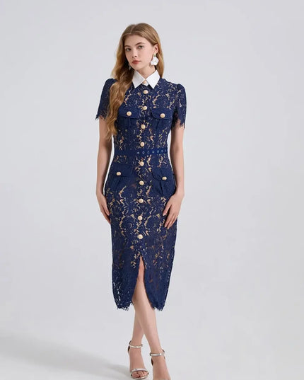 Elegant Lace Color Block Bodycon Dress with 3D Pockets