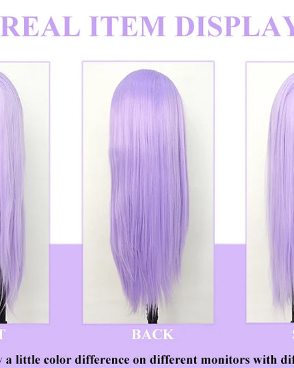 Purple wig displayed from front, back, and side views on mannequin heads.