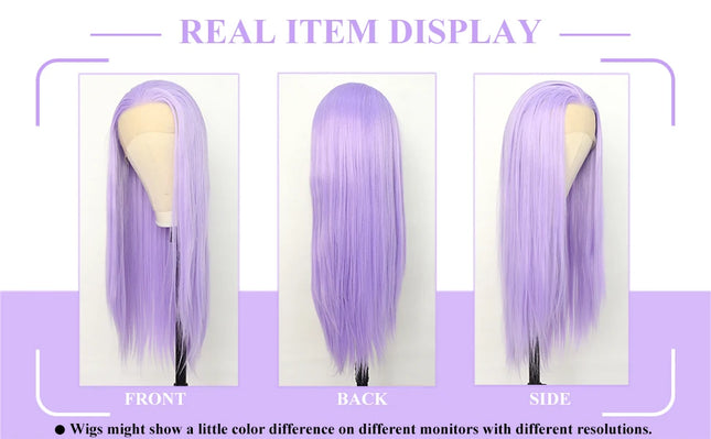Purple wig displayed from front, back, and side views on mannequin heads.