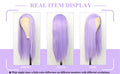 Purple wig displayed from front, back, and side views on mannequin heads.