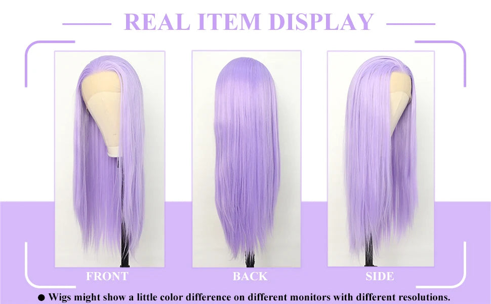 Purple wig displayed from front, back, and side views on mannequin heads.