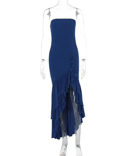 Sexy strapless summer dress in navy blue with ruffled irregular hem and sophisticated design.