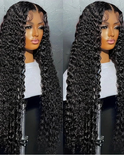Two views of a wig with long, curly hair on a mannequin head against a gray background.