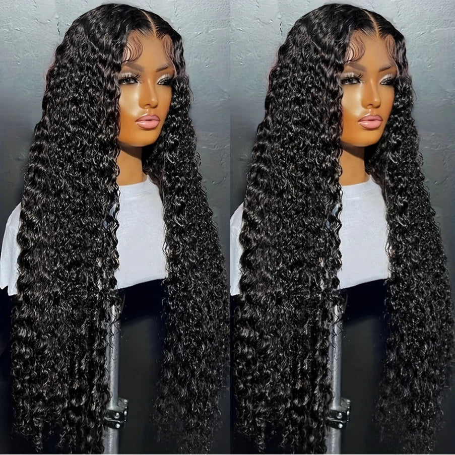 Two views of a wig with long, curly hair on a mannequin head against a gray background.
