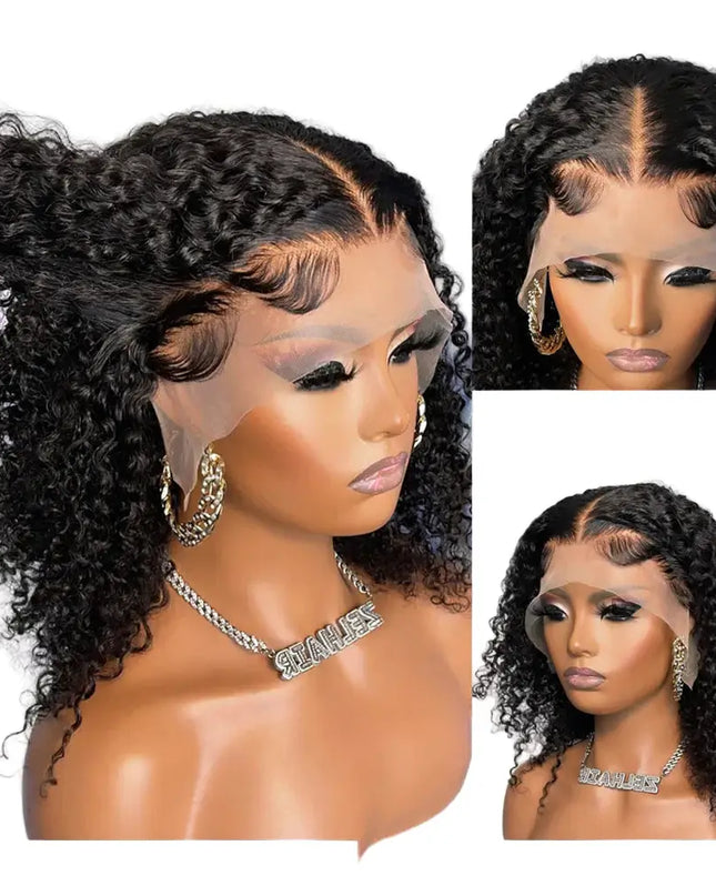 Mannequin head with curly black wig, close-up of hairline, and text about wig features.