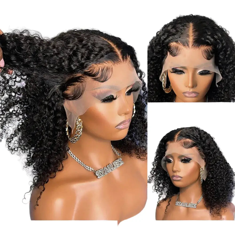 Mannequin head with curly black wig, close-up of hairline, and text about wig features.