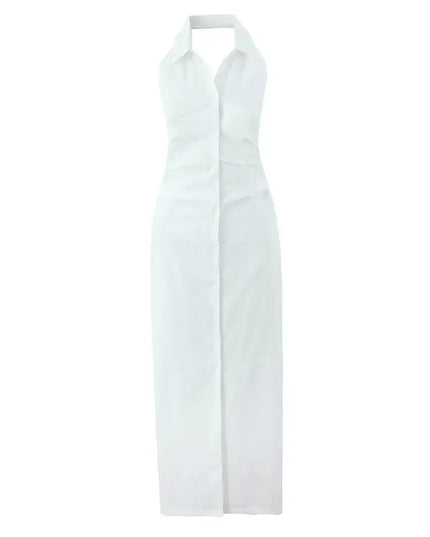 Single breasted white cotton linen summer dress featuring turn down collar and backless halter design.