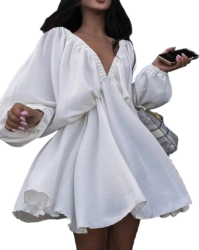 Deep V-neck pleated white dress with long sleeves, showcasing a sexy retro style.