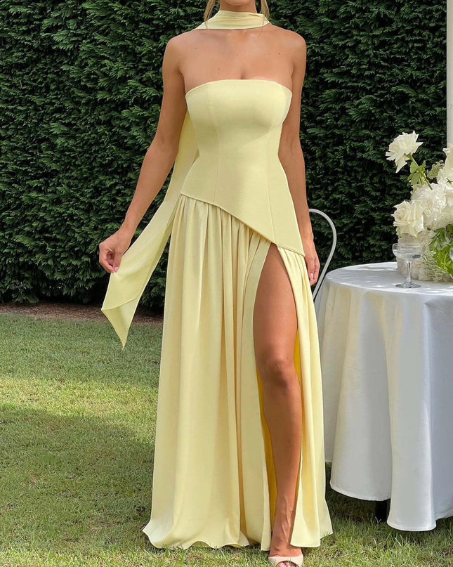 2025 Summer Strapless Satin Backless Pleated Long Dress