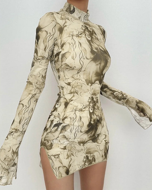 Y2K Mesh Bodycon Dress – Bell Sleeves, Open Hip Design