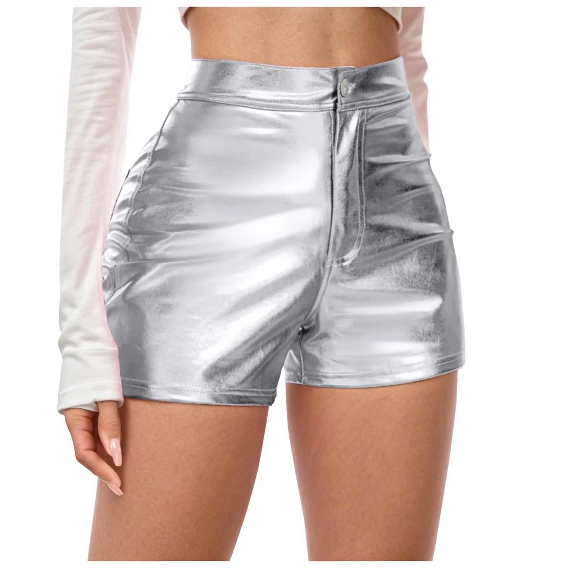 Silver metallic shorts worn by a person on a white background