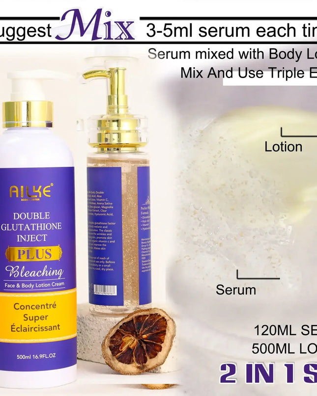 AILKE Double Glutathione Inject skin lightening serum and body lotion set for brightening face and body.