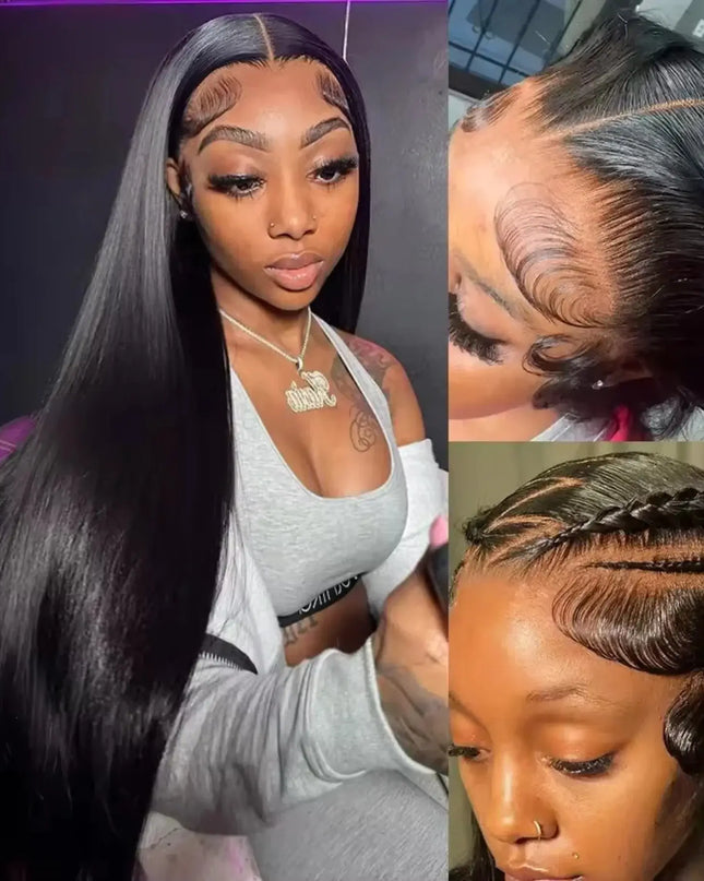 Model showcasing a 40 inch straight human hair wig, demonstrating sleek styling and natural hairline features.