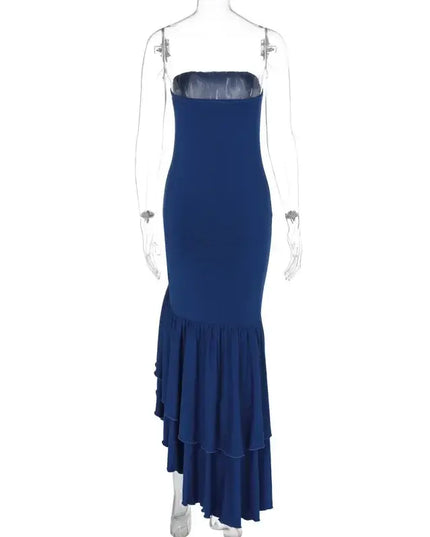 Sexy strapless summer dress featuring a sleek fitted design and layered ruffles in a deep blue color.