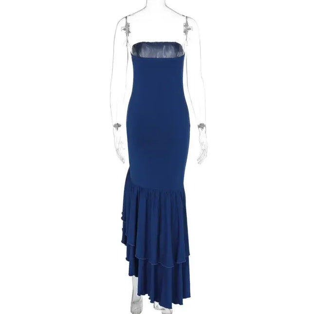 Sexy strapless summer dress featuring a sleek fitted design and layered ruffles in a deep blue color.