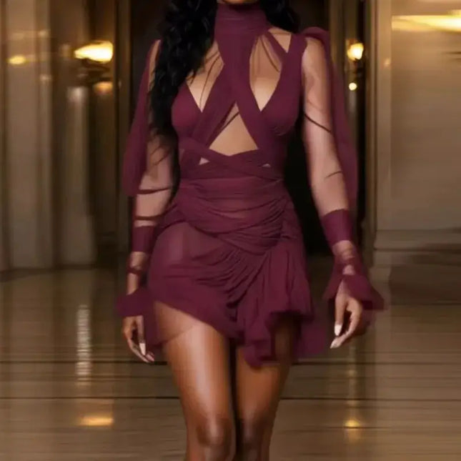 autumn turtleneck party dress featuring lantern sleeves and lace-up details, perfect for casual or party occasions.