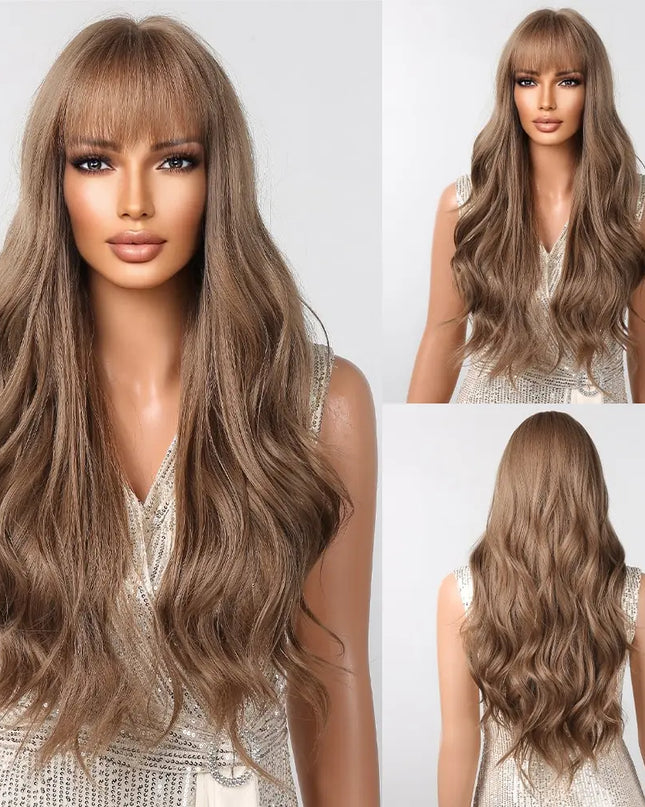 Brown Wavy Wigs for Women with Bangs Long Natural Synthetic Hair Wig Daily Cosplay Heat Resistant