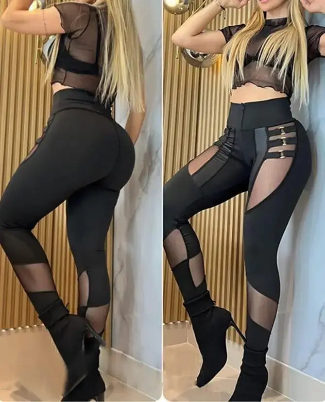 Black outfit with mesh panels worn by a person in two different poses.