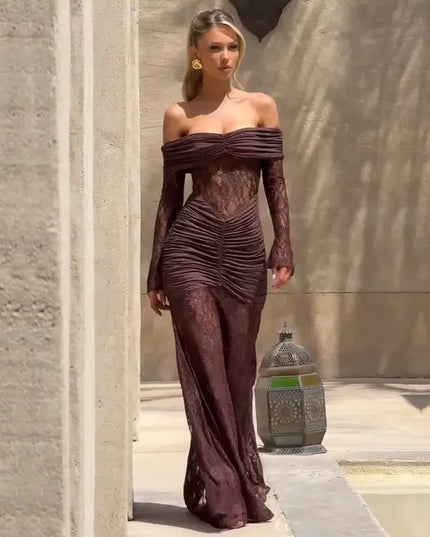 Off-Shoulder Lace Mesh Mermaid Maxi Dress