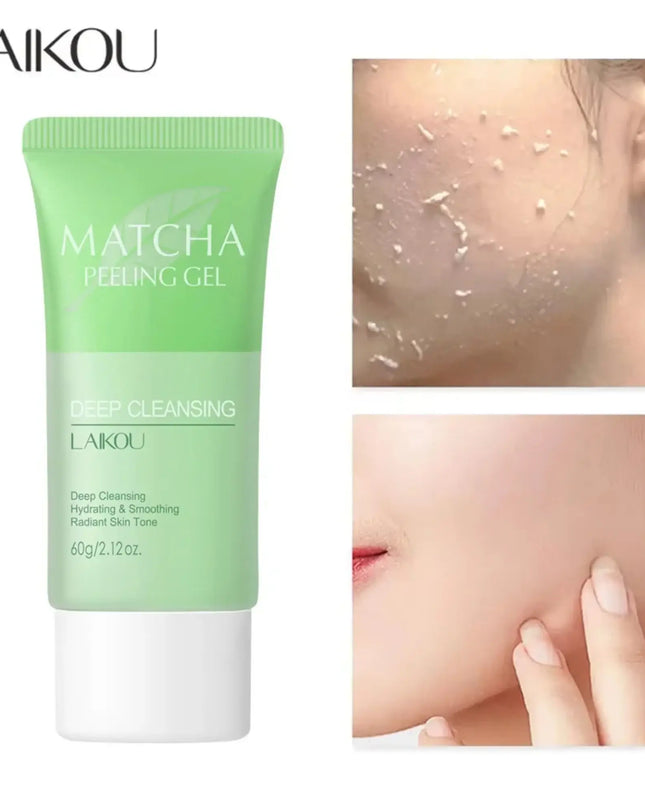 LAIKOU Matcha Peeling Gel packaging with before and after effects on skin.