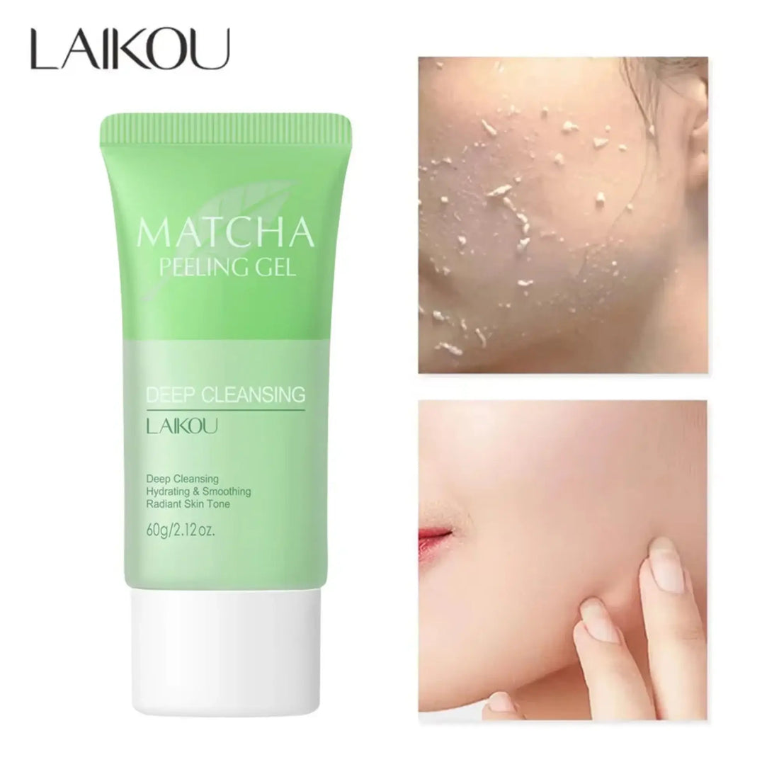 LAIKOU Matcha Peeling Gel packaging with before and after effects on skin.