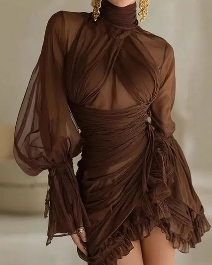 Autumn turtleneck party dress with lantern sleeves and pleated design, perfect for casual or festive occasions.