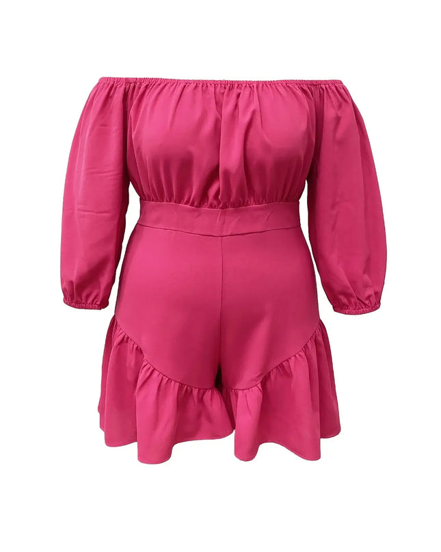 Rose Red Casual Off-the-shoulder Three-quarter Sleeve Ruffle Fitted Holiday Jumpsuit