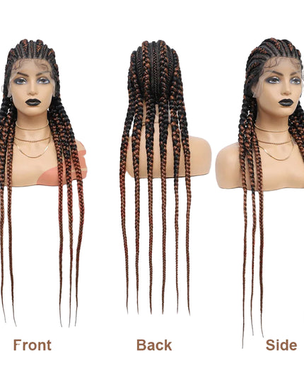 Three views of a braided wig on mannequin heads with 'Sable Lady' branding.