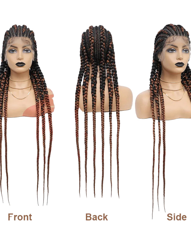 Three views of a braided wig on mannequin heads with 'Sable Lady' branding.